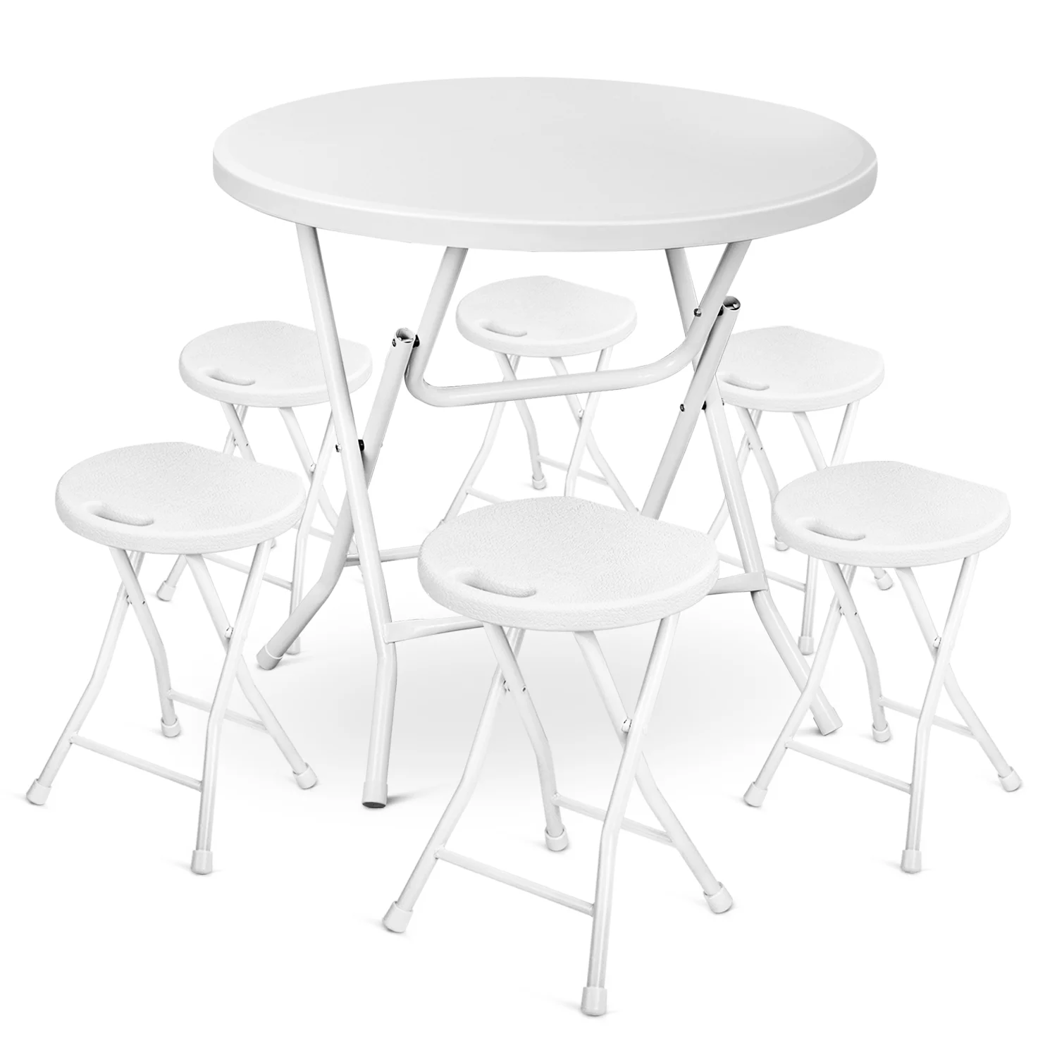 MoNiBloom 7 Pieces 2.6 FT Folding Round White Table and Chair Set, Indoor Outdoor Party Plastic Desk and Foldable Steel Stools