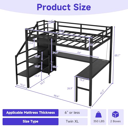 Full Size Metal Loft Bed Heavy-Duty Loft Bed Frame, LED Loft Bed Frame with L Shaped Desk, Wardrobe, Storage Stairs, Charging Station & Safety Guard for Kids Girls Boys, Space-Saving/Noise Reduced