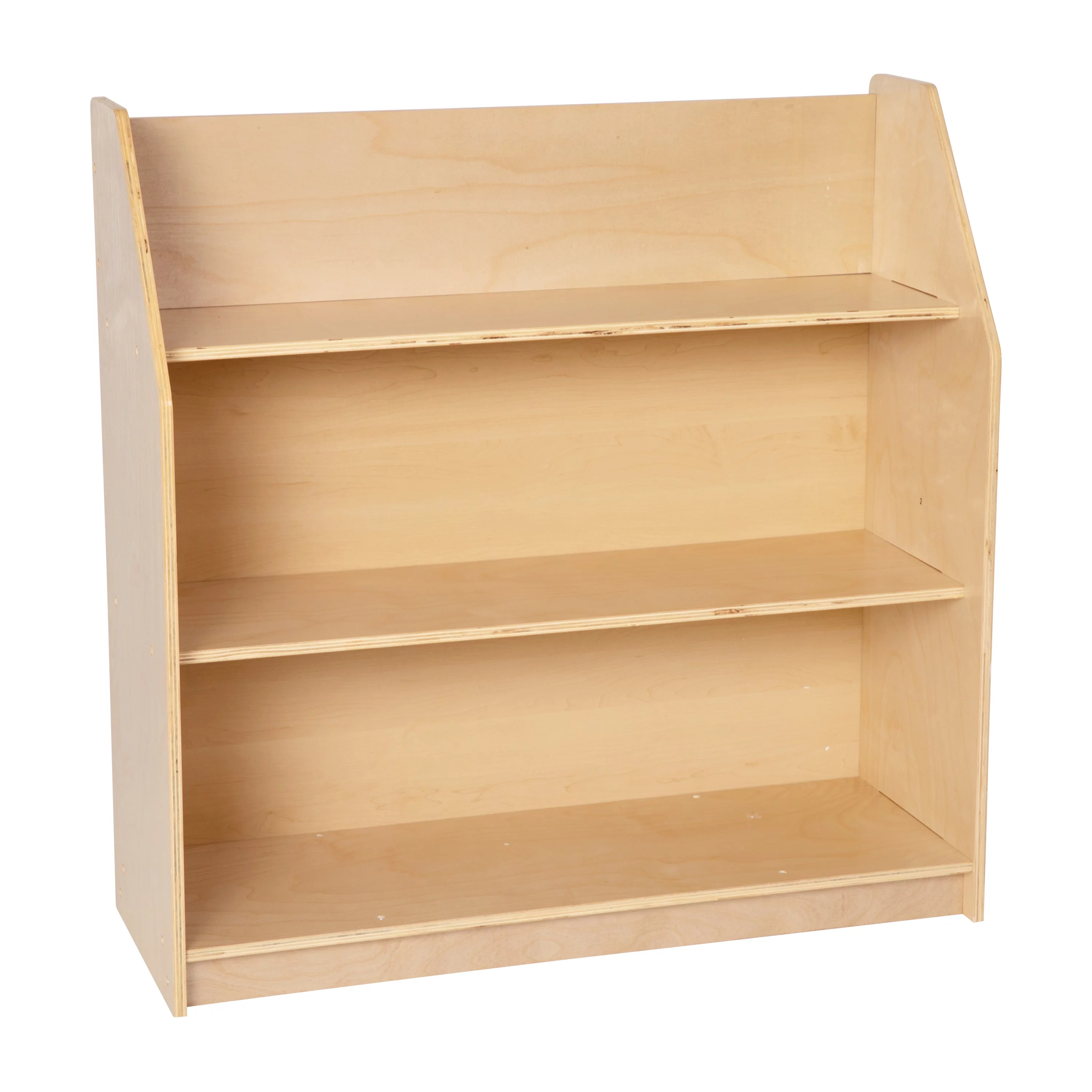 BizChair Natural Wooden 3 Shelf Book Display with Safe, Kid Friendly Curved Edges - Commercial Grade for Daycare, Classroom or Playroom Storage