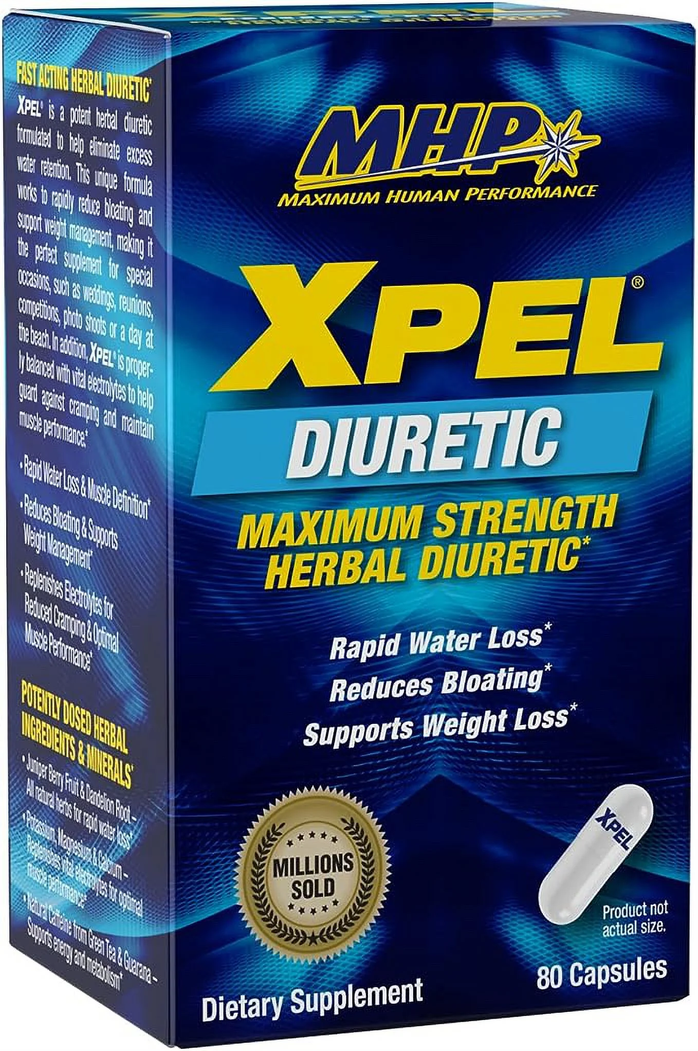 MHP Xpel Maximum Strength Diuretic Water Pills, for Water Retention Relief, Weight loss Support, with Vitamin B-6 Potassium Dandelion Root, 80 Capsules