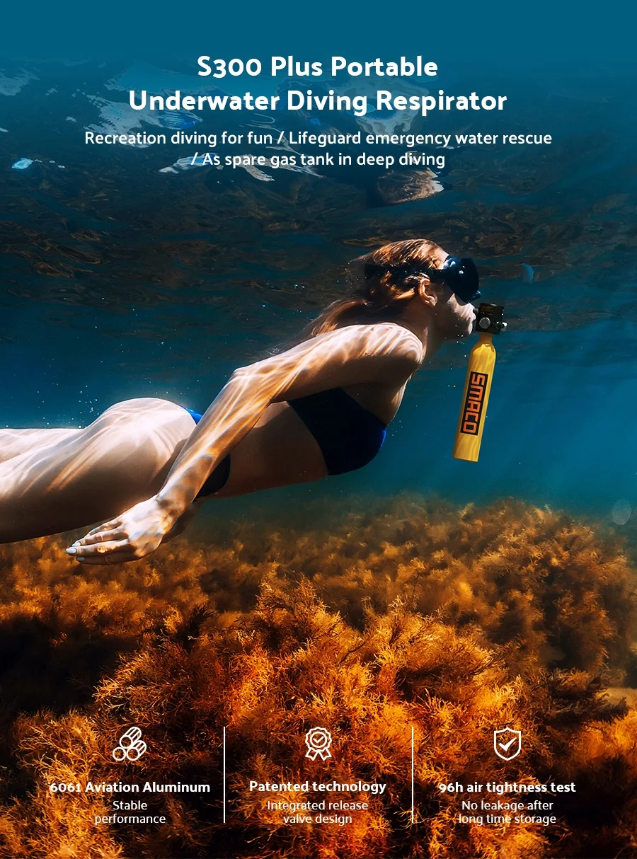 SMACO S300PLUS Mini Scuba tank 0.5L Oxygen Tank Support About 10 Minutes Underwater Breathing Portable Diving Tank Kit,Black