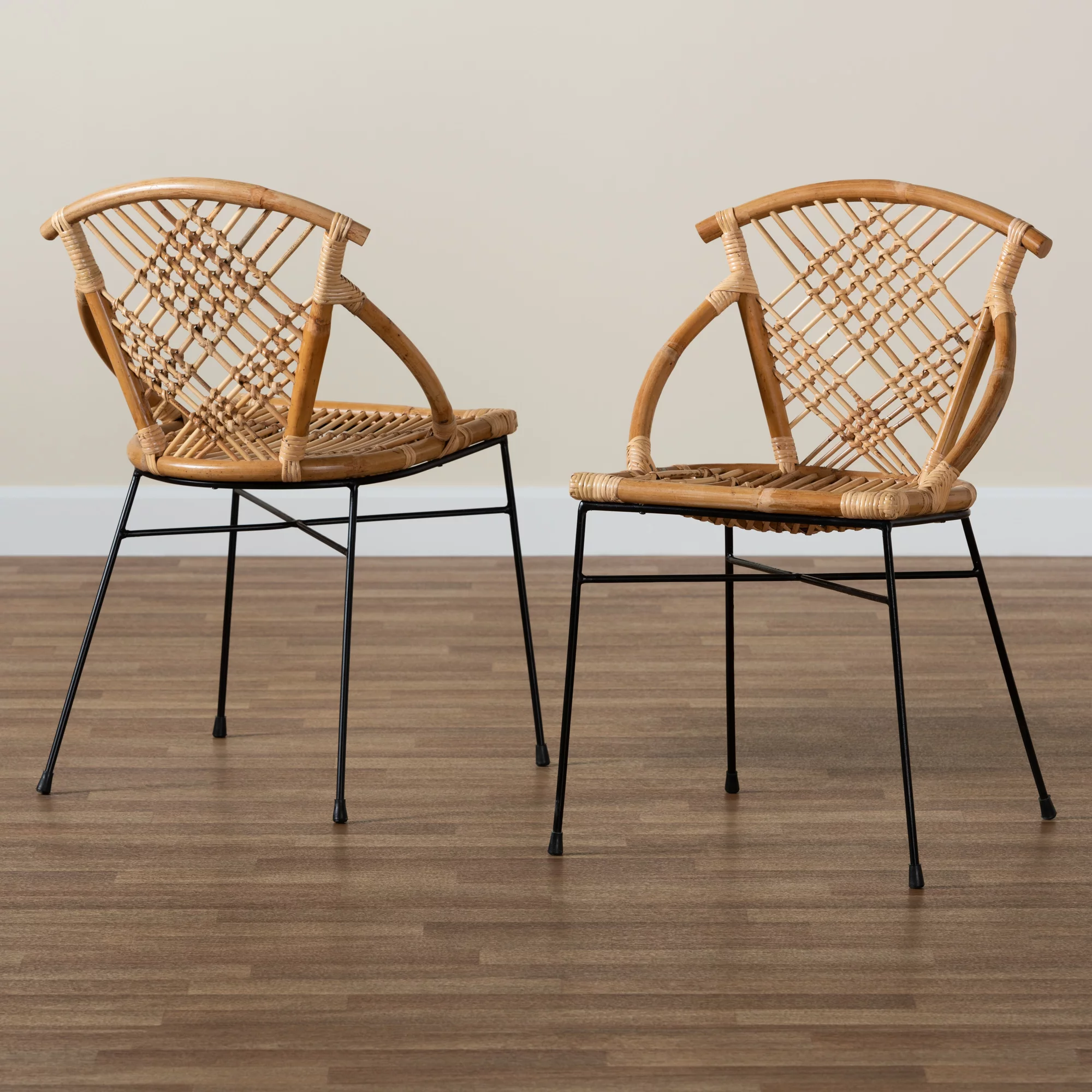 bali & pari Pro Modern Bohemian Natural Brown Rattan and Black Metal 2-Piece Dining Chair Set