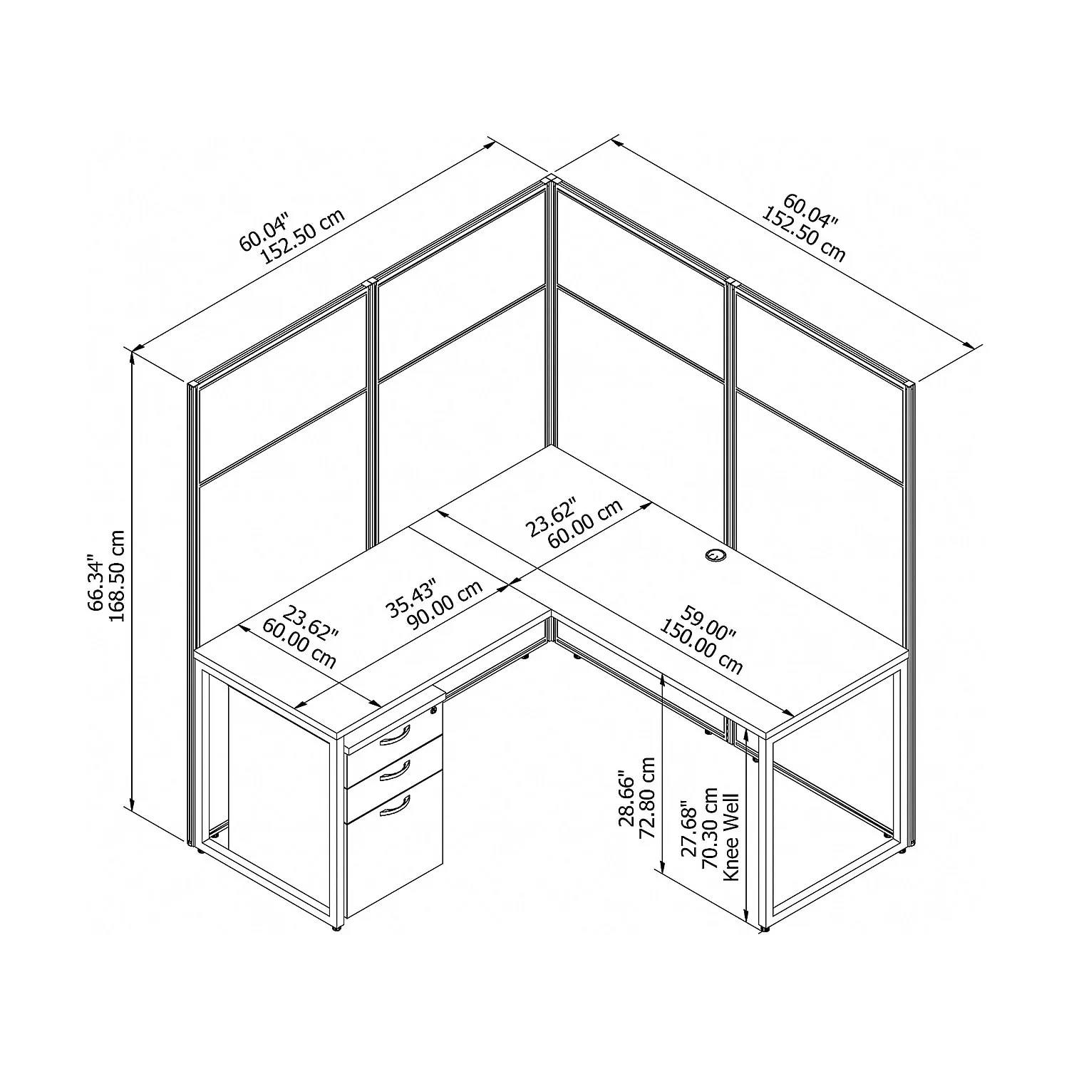 Easy Office L Shaped Desk with Drawers and 66H Panels in White - Engineered Wood