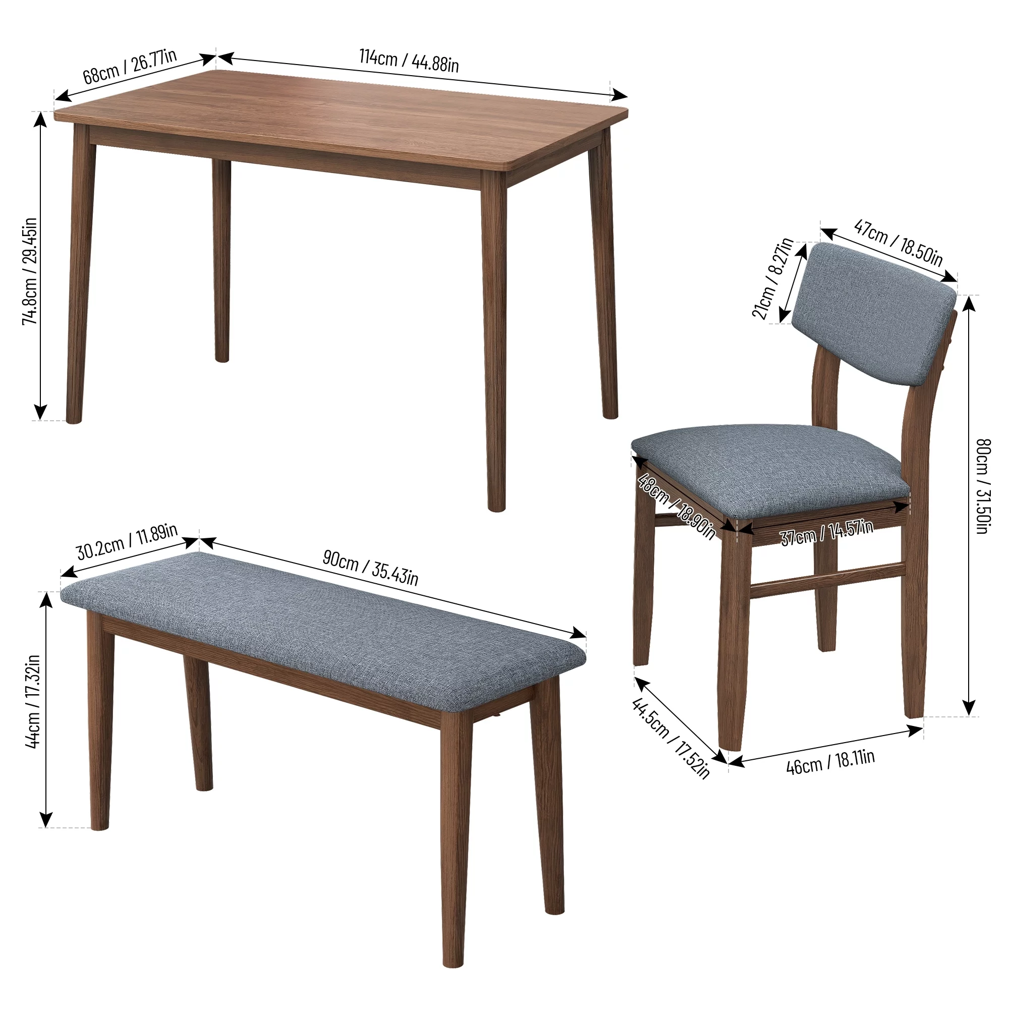Walnut Retro 5-Piece Dining Table Set with Rubberwood Frame Table and Grey Fabric Cushioned Chair, Space-Saving Design