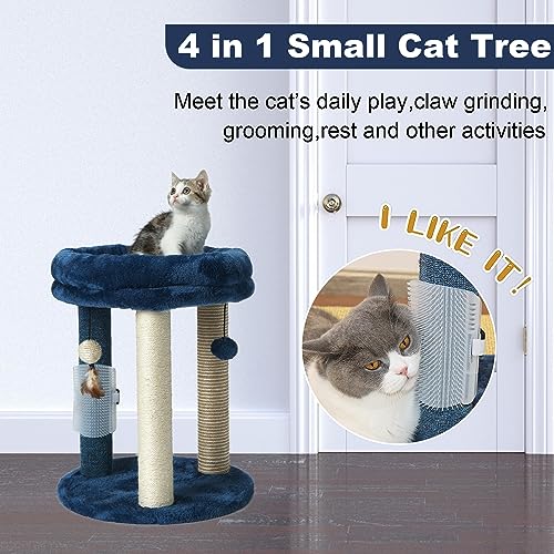 4in1 Small Cat Tree,Scratching Post with Tower Soft Bed, Sisal Carpet Jute Posts with Three Hanging Ball Toys and Massage Brush for Indoor Cats and Kittens