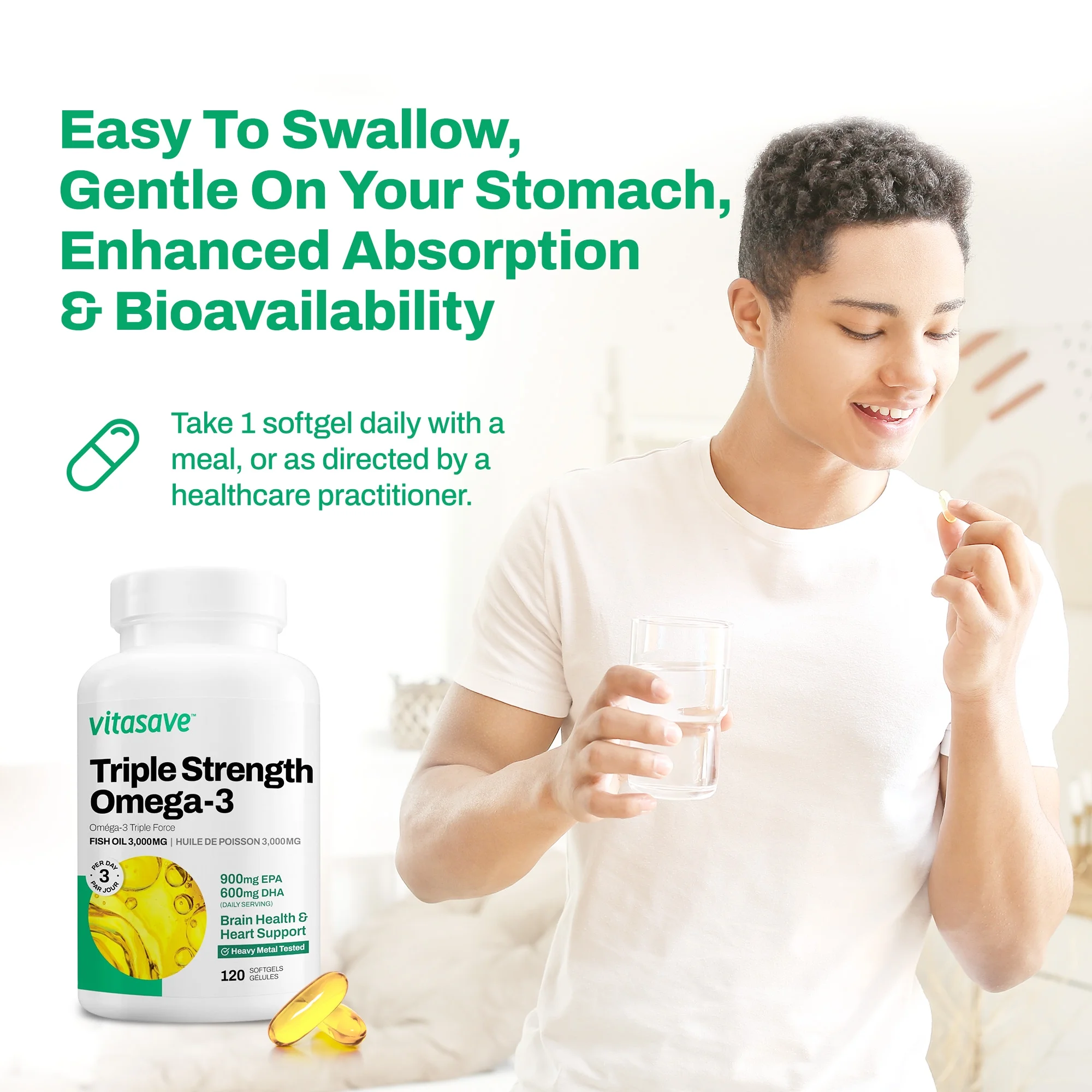 Vitasave Omega 3 Fish Oil Supplement, 3000mg Fish Oil, 120 Softgels