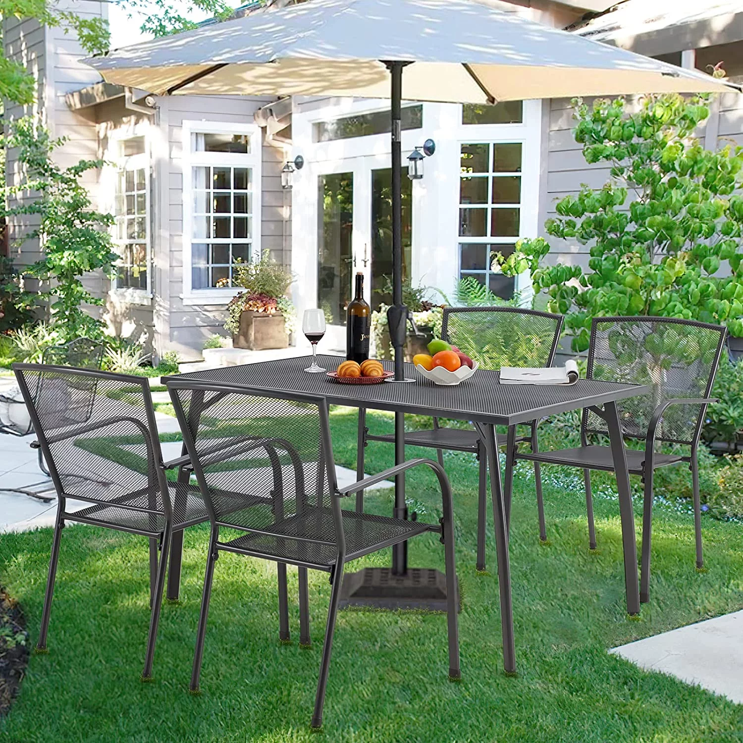 AECOJOY 5-Piece Patio Metal Dining Set with 4 Stackable Chairs-Dark Gray