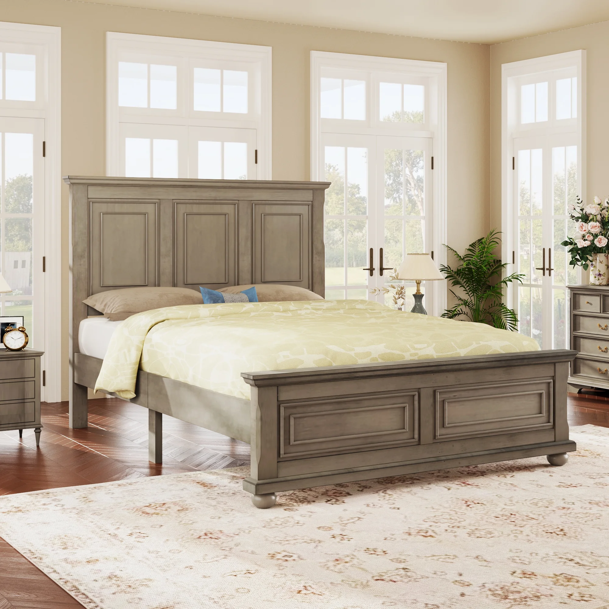 Stone-Hued Queen Mansion Bed with Traditional Town & Country Pinewood Design