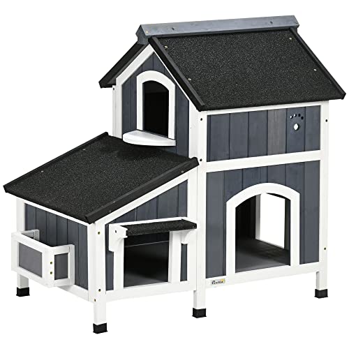 PawHut Outdoor Cat House with Weather-Resistant Roof & Garden Bed, Outdoor Cat Shelter Enclosure with Multiple Entrances, Modern Cat Furniture Hideout, Cat Gifts, Gray