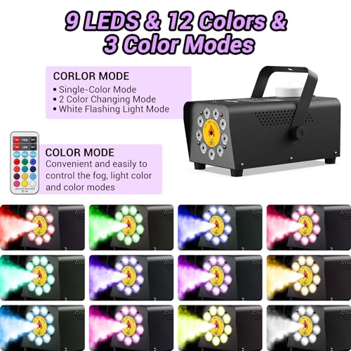 Fog Machine Theefun Smoke Machine 2500CFM 9 LED 12 Color Lights Portable 500ml Big Tank Capacity with Wireless Remote Control, No Liquid Included, Indoor Outdoor for Stage Wedding DJ Party