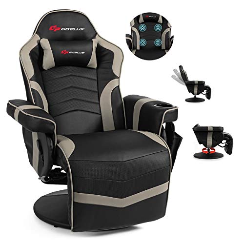 POWERSTONE Gaming Recliner Massage Gaming Chair with Footrest Ergonomic PU Leather Single Sofa with Cup Holder Headrest and Side Pouch, Adjustable Living Room Chair Seating, Black