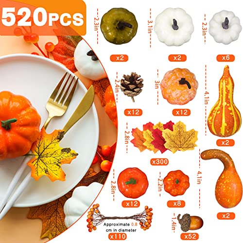 Frienda 520 Pcs Assorted Large Mini Artificial Pumpkins and Gourds with Acorns Pinecones Maple Leaves Fall Harvest Decoration Set for Thanksgiving Halloween Bowl Filler Table Centerpiece Wreaths