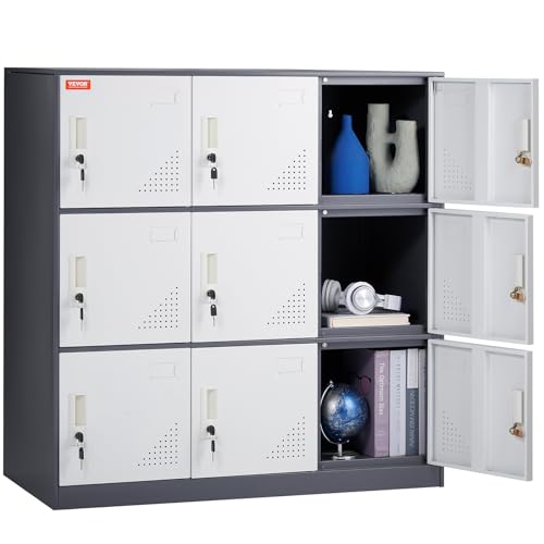 VEVOR Metal Locker for Employees, 9 Doors Storage Cabinet with Card Slot, Gray Steel Employee Lockers with Keys, 66lbs Loading Capacity Office Storage Lockers for Home, School, Office, Gym