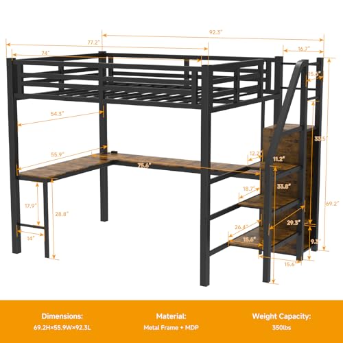 Full Size Loft Bed with Desk and Storage Stairs, Heavy Duty Metal Loft Bed Frame with Wardrobe, Adult Loft Bed with Desk Underneath & Charging Station, Space Saving, Black