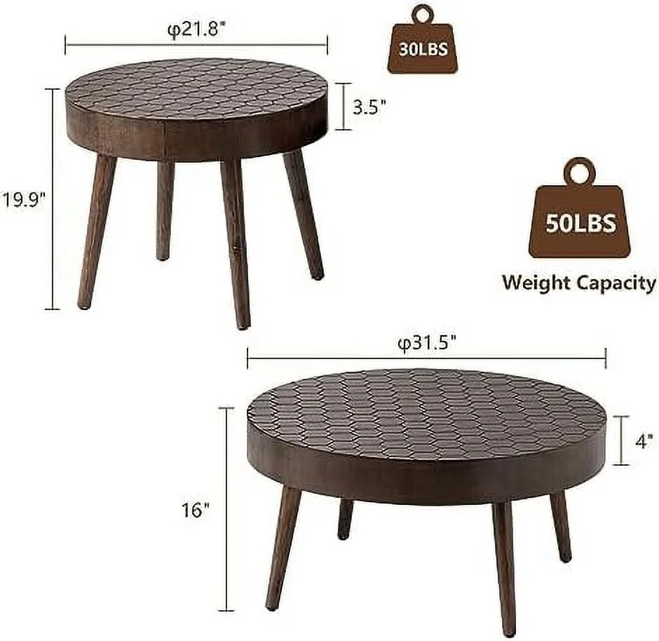 YZboomLife 2 Piece Round Coffee Table Set  Modern Nesting Table with Handcrafted Wood Ring Motif  Farmhouse Wood End Table for Living Room