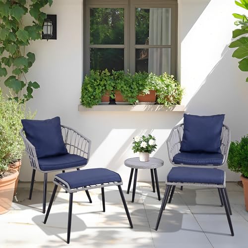 3 Piece Outdoor Patio Bistro Set, Wicker Table and Chairs Set of 2, All-Weather Rattan Balcony Furniture Set for Patio Front Porch Apartment, Natural/Beige