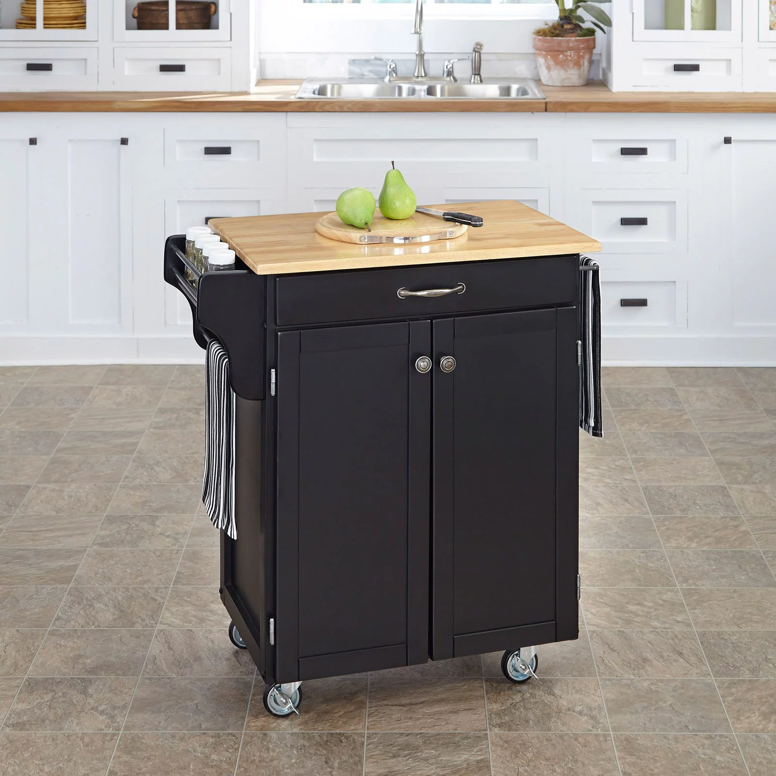 Homestyles Cuisine Cart Off White Wood Kitchen Cart-Finish:White,Option:Stainless Steel