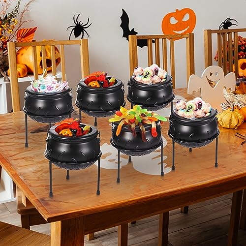 Jenaai 6 Pcs Halloween Witch Cauldron Candy Serving Bowl Set Plastic Black Witch Cauldron on Stand Candy Holder for Home Indoor Outdoor Kitchen Halloween Party Decorations