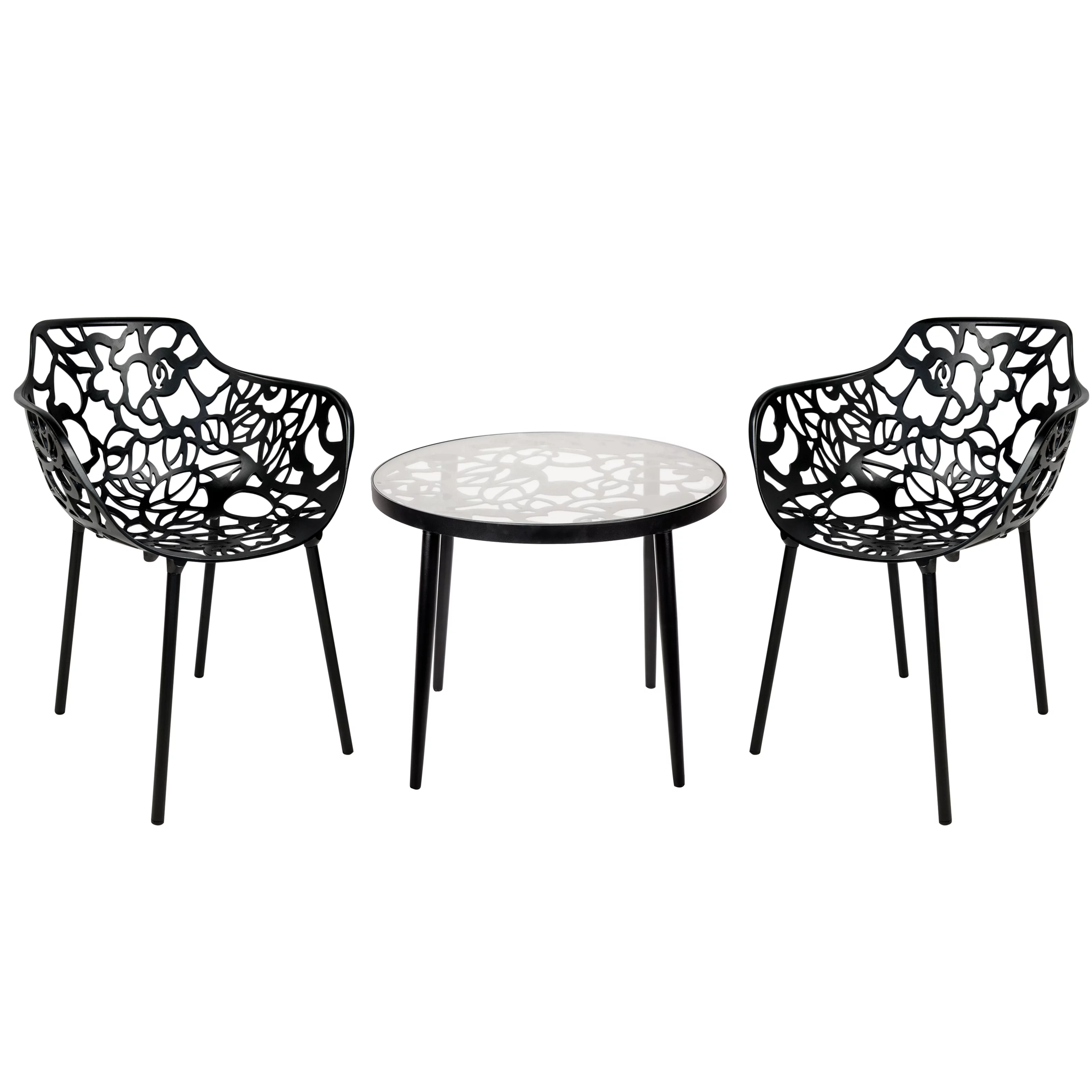 LeisureMod Devon Mid-Century Modern 3-Piece Aluminum Outdoor Patio Dining Set with Dining Table with Tempered Glass Top and 2 Stackable Flower Design Arm Chairs for Patio, and Backyard Garden Black