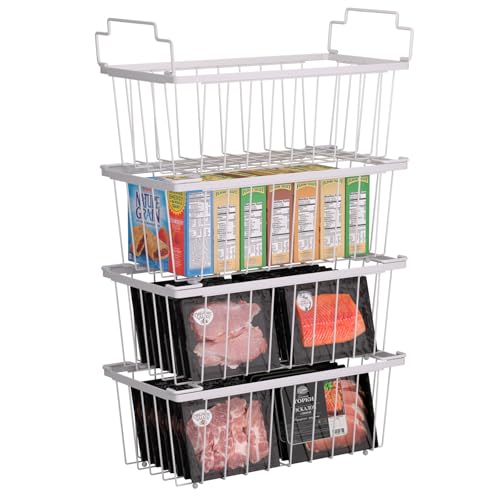 4 Pack Freezer Organizer Bins(14.6‘’L X 7.1‘’W X 5.2‘’H) for 7 Cu.FT Deep Ches Freezer Sort Frozen Meats | Stackablet Deep Freezer Organizer Bins Get Food Easily w/Handle(Black), Gifts Ideas for Mom