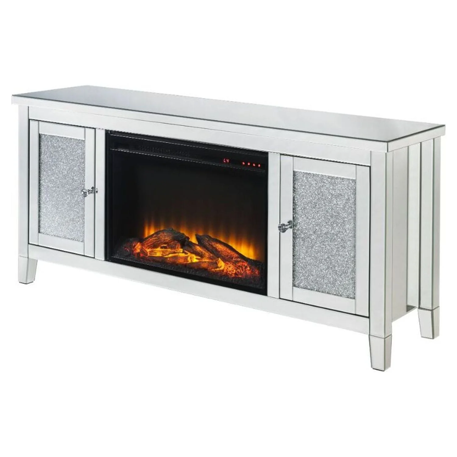 Nora lie TV Stand with Fireplace (LED) in Mirrored & Faux Diamonds