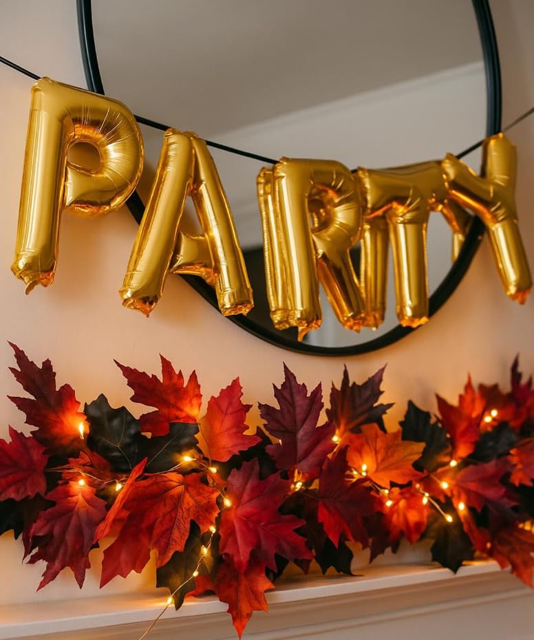 Halloween Lighted Fall Leaves Garland with Steady & Twinkling LED Lights – Autumn Mantel Scarf, Mixed Color Leaf Swag for Fireplace, Staircase, and Halloween Party Decor (10 Feet)