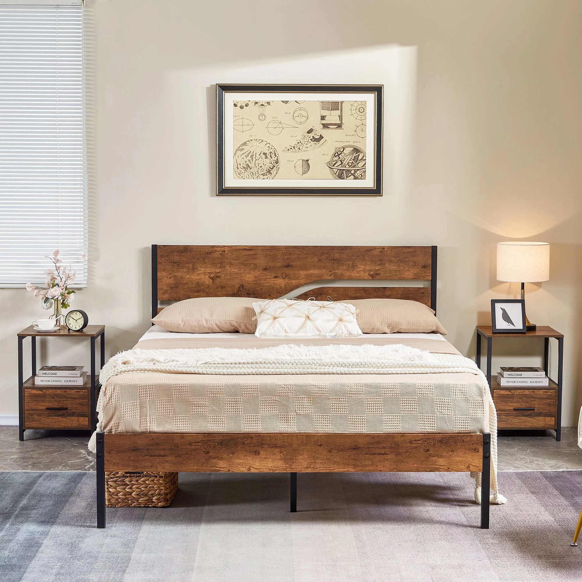 VECELO 3-Piece Bedroom Set Full Bed Frame and 2 Brown Nightstands