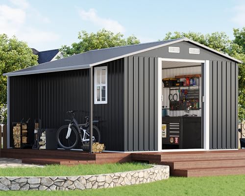 AMERLIFE 10.6x10.3x6.3 FT Metal Storage Shed with Sliding Doors Two 4-Pane Windows, Open Outdoor Shed for Wood Storage, Dark Grey/White