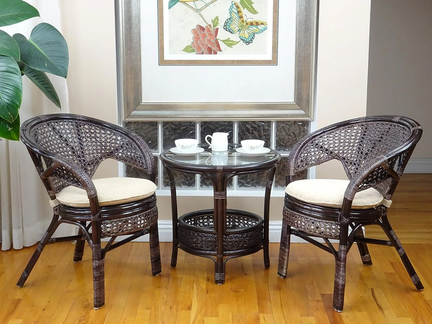 Pelangi Round Coffee Table Natural Rattan Wicker With Glass Top Handmade, Dark Brown