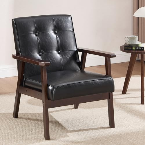 ANJ Mid Century Modern Accent Chair, Tufted Fabric Upholstery, Wood Frame, Beige