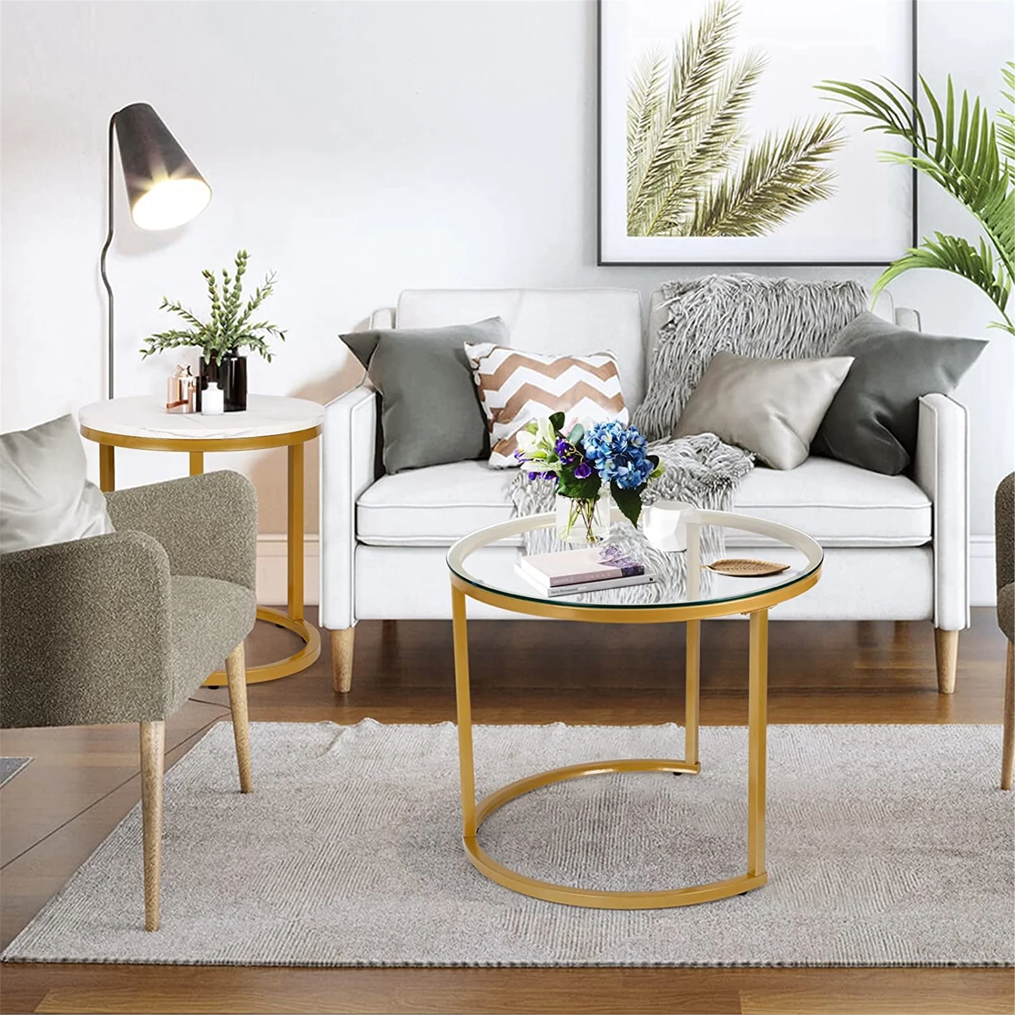 Modern Round Nesting Tables with Metal Frame (Set of 2) (White & Black)