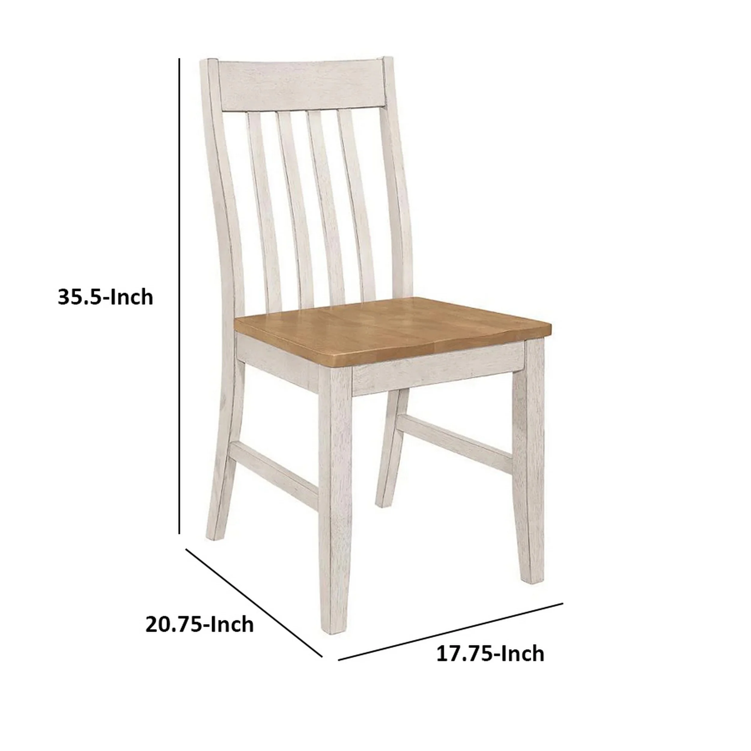 18 Inch Dining Chair, Set of 2, Slatted Back, Antique White Wood Frame