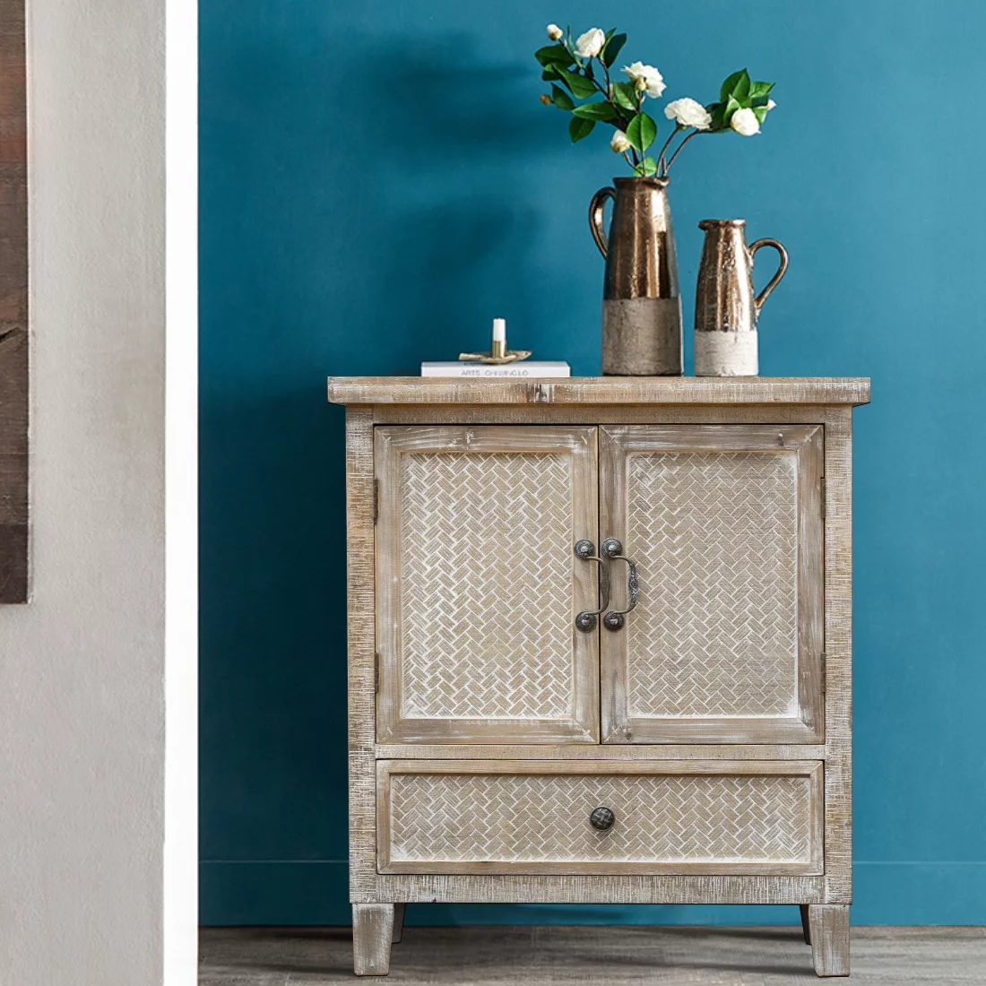 Parisloft Weathered Wood Cabinet with 1 Drawer and 2 Doors, Faux Bamboo Weaving Design, 28.125