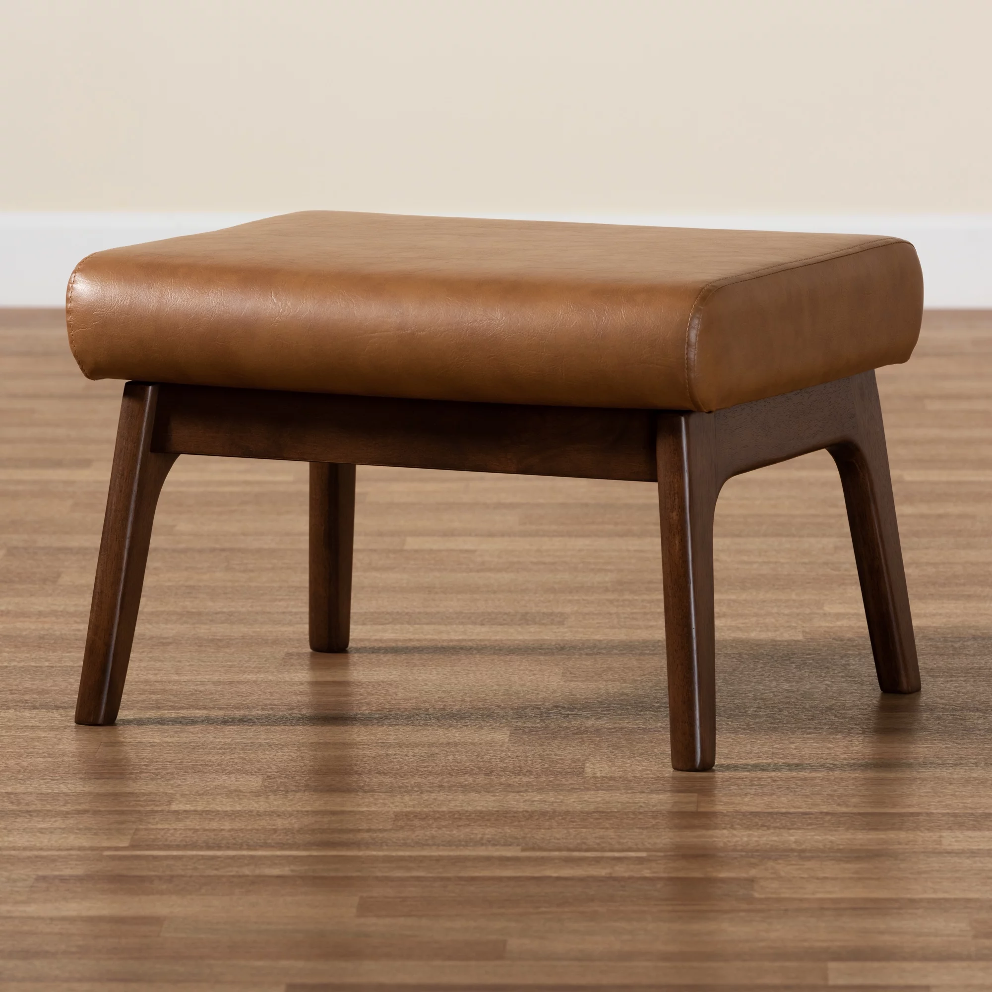 Baxton Studio Bianca Mid-Century Modern Walnut Brown Finished Wood and Tan Faux Leather Effect Ottoman