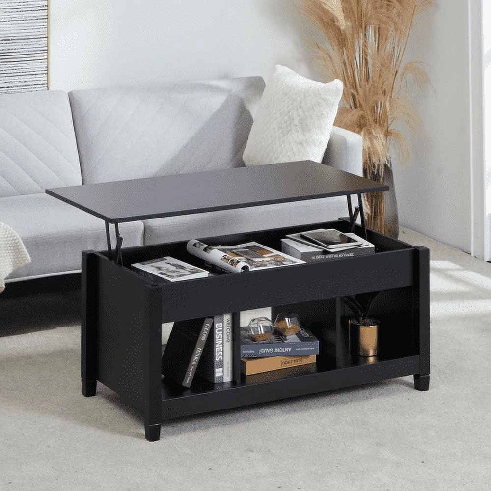 MYDENIMSKY Lift Top Coffee Table, Rising Dining Table Hidden Storage Compartment &3 Open Shelves,Coffee Table Lift Top for Reception & Living Room,Office,Small Apartment, Black