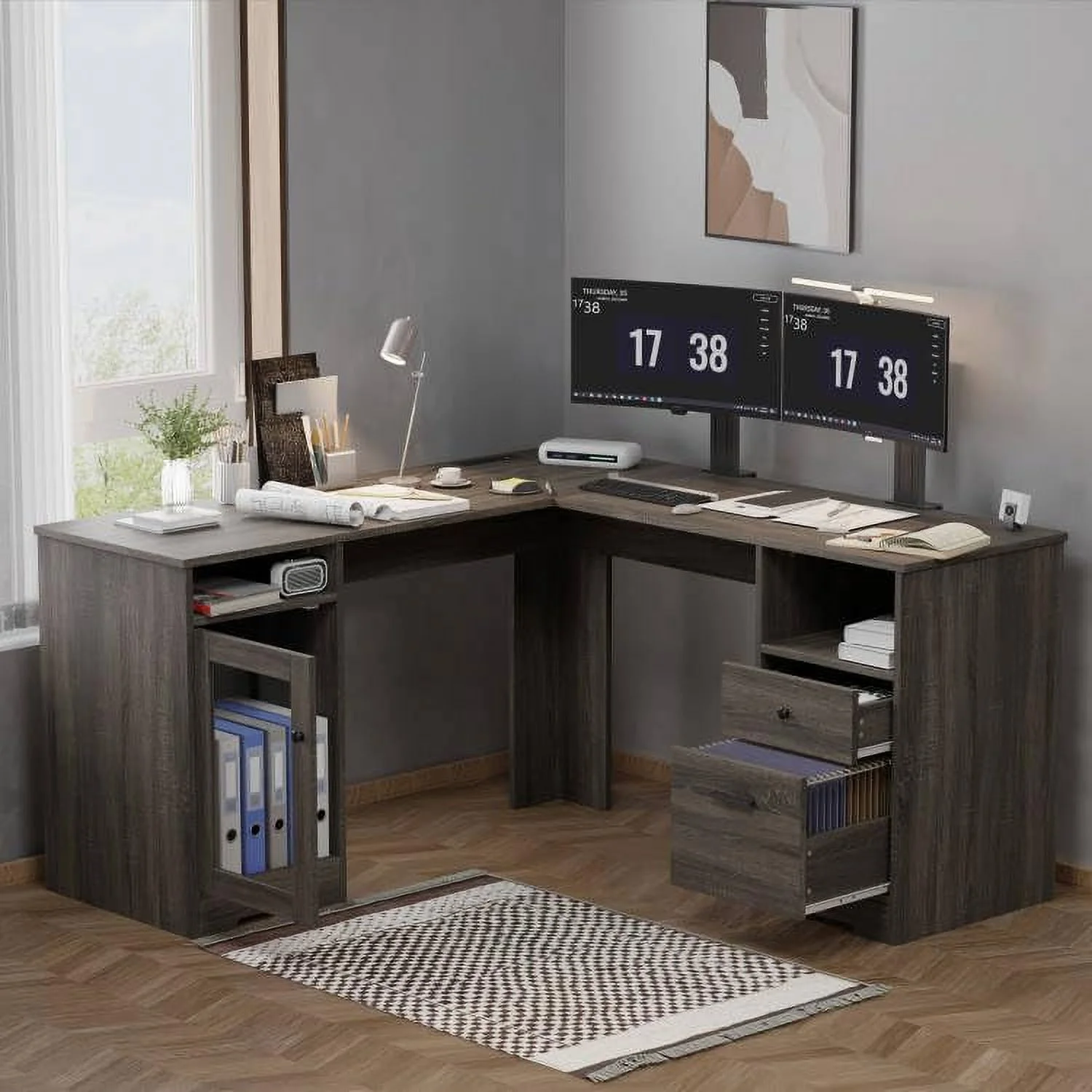 KHBIULIFE 60" L Shaped Desk with Drawers  Corner Desk with Power Outlets and USB Charging Ports  Executive Desk with File Cabinet and  Drawer  Home Office Table  Grey