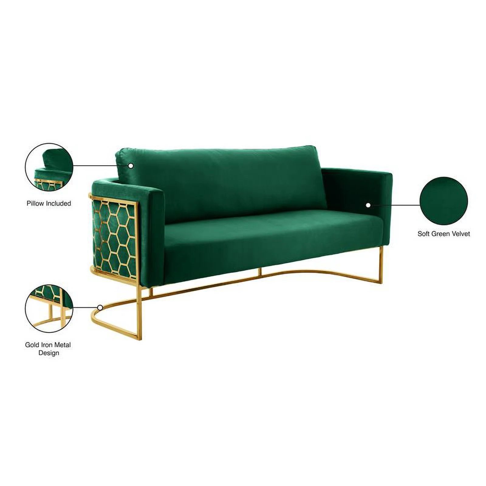Meridian Furniture Casa Green Velvet Sofa with Gold Iron Metal Base