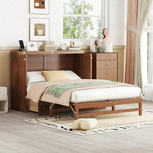 KEIKI Queen Size Cabinet Murphy Bed with Charging Station and Drawer, Multiple Storage Foldable Hideaway Wall Murphy Bed Frame with Solid Slat, No Box Spring Needed, Easy Assembly, for Bedroom, Walnut
