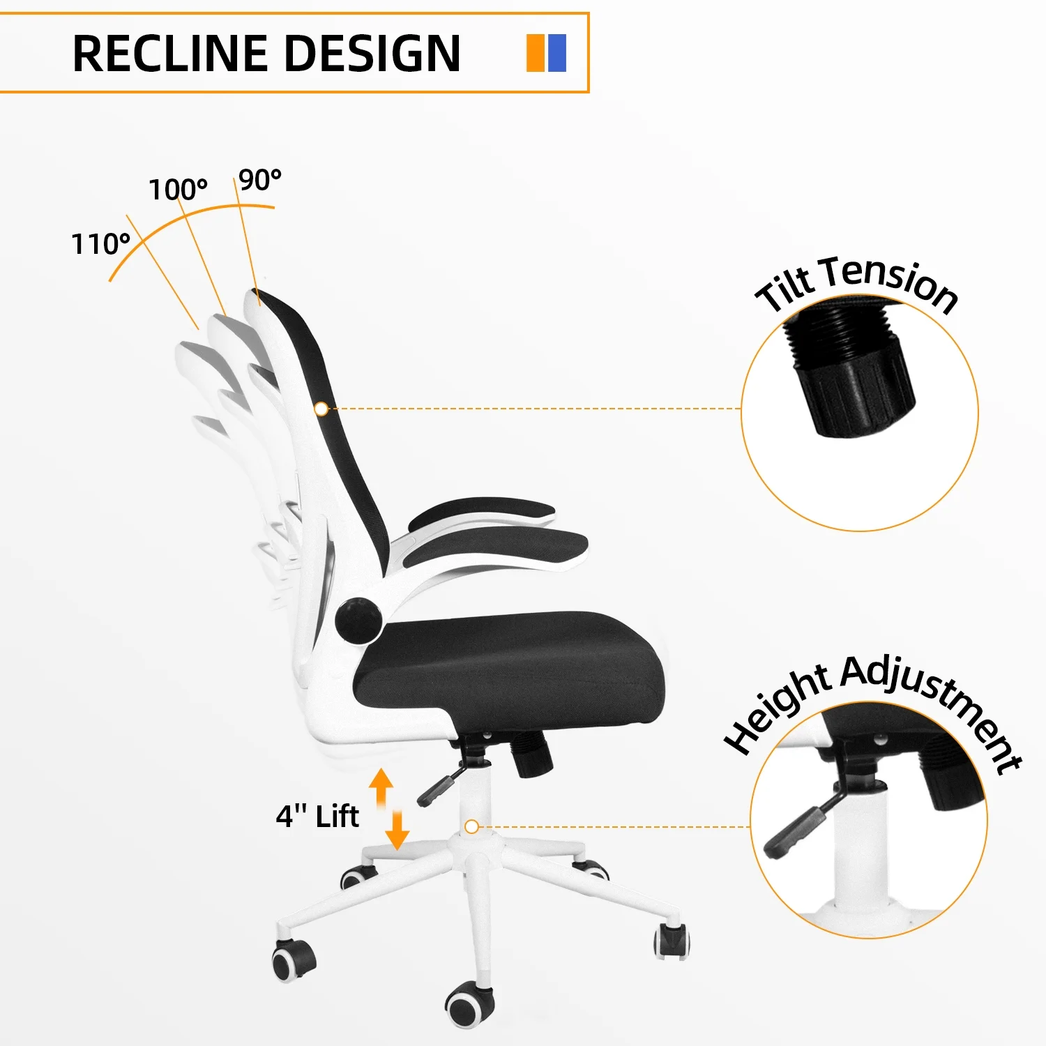 HomeZeer Desk Chairs with Wheels, Recline Office Chair with Adjustable Arms, Ergonomic Mesh Office Chair with 300 lbs, Black/White