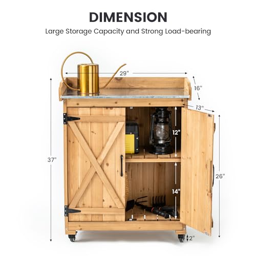 TAKUKA Outdoor Wooden Potting Bench with Wheel Double Doors & Metal Tabletop, Outside Storage Cabinet & Horticultural Planting Work Table for Garden Balcony Backyard