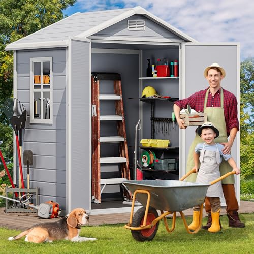 DWVO 6.x4 FT Resin Storage Shed with Reinforced Floor, Outdoor Storage Shed with Lockable Door, Window and Vents, Waterproof Plastic Tool Storage for Garden, Backyard, Patio, Lawn