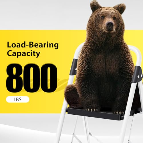 KINGRACK 3 Step Folding Ladder, 800lbs Capacity Step Stool with Safety Lock, Non-Skid Wide Pedals, and Handrail, Lightweight, Household Ladder for Home, Kitchen, Pantry, Closets, and Office Use, White