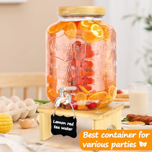 2 Gallon Drink Dispenser with Stand，Glass Beverage Dispenser With Wood Stand, 18/8 Stainless Steel Spigot and Labels Large Water Drink Dispensers for Parties, Lemonade,Juice, Tea