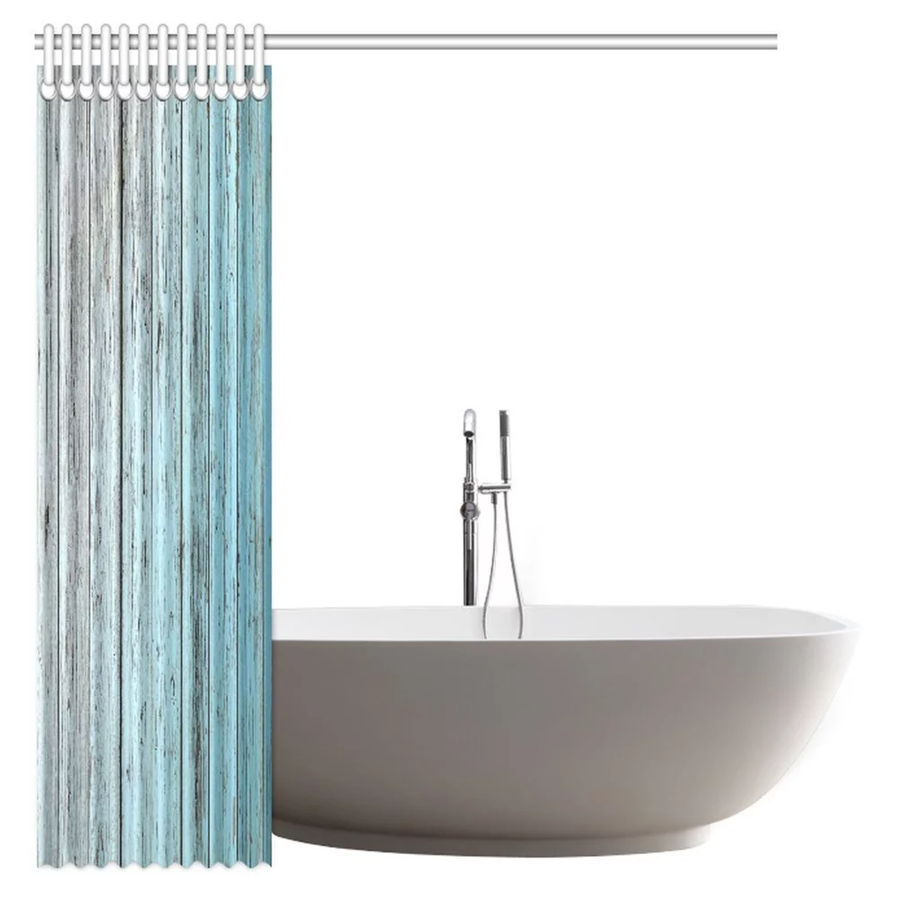 MYPOP Village Rustic Wood Panels Fabric Bathroom Shower Curtain Decor Set with Hooks, 66 X 72 Inches, Teal Grey