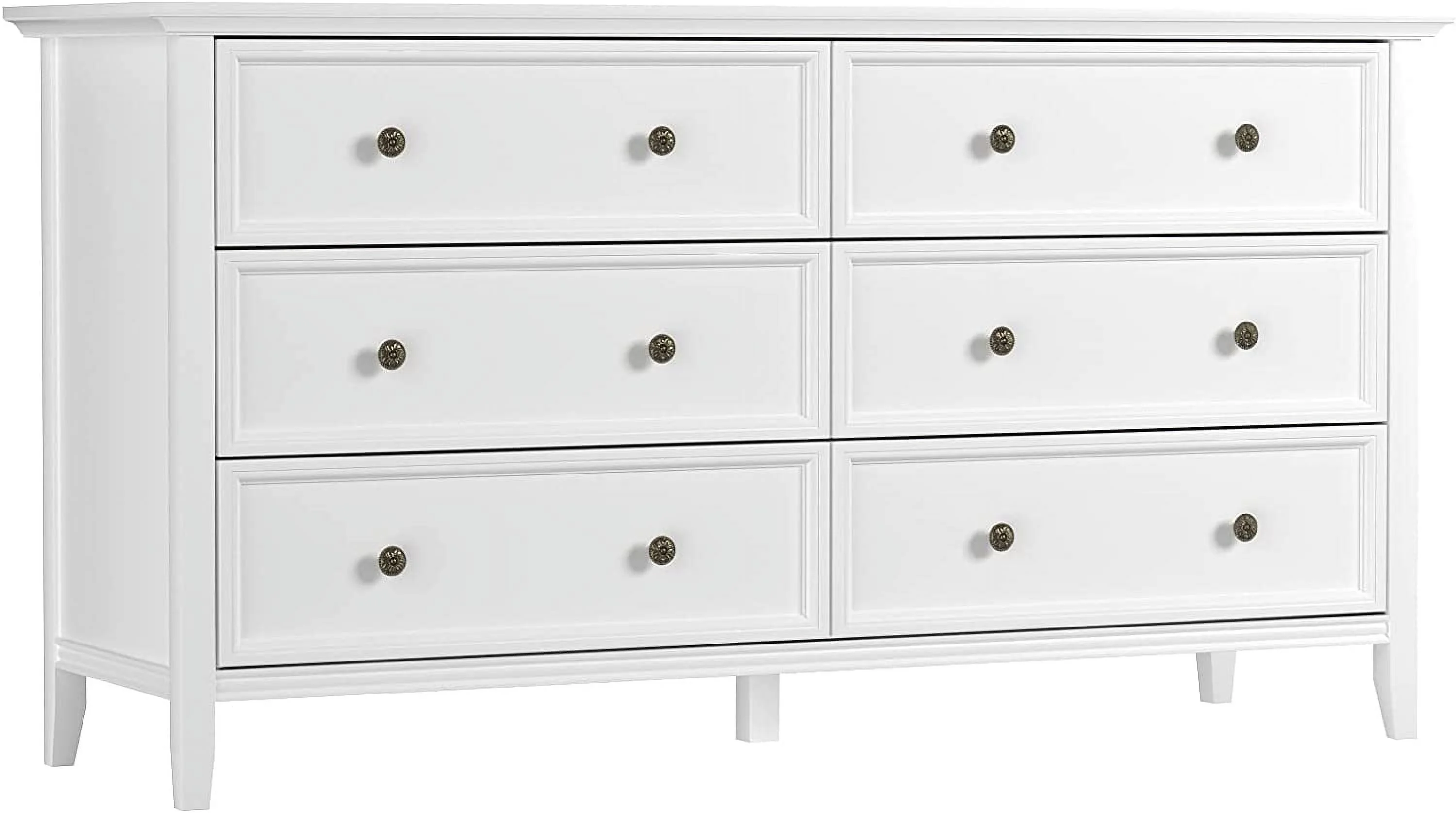 6 Drawer Double Dresser  55 inch Solid Wood Bedroom Dresser in White
