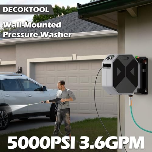 Wall Mounted Pressure Washer - 5000 PSI 3.6 GPM Electric Power Washer with 100FT Retractable Hose, 5-Stage Adjustable Pressure, Foam Cannon 5 Nozzles for Car, Lane, Patio Cleaning, Black