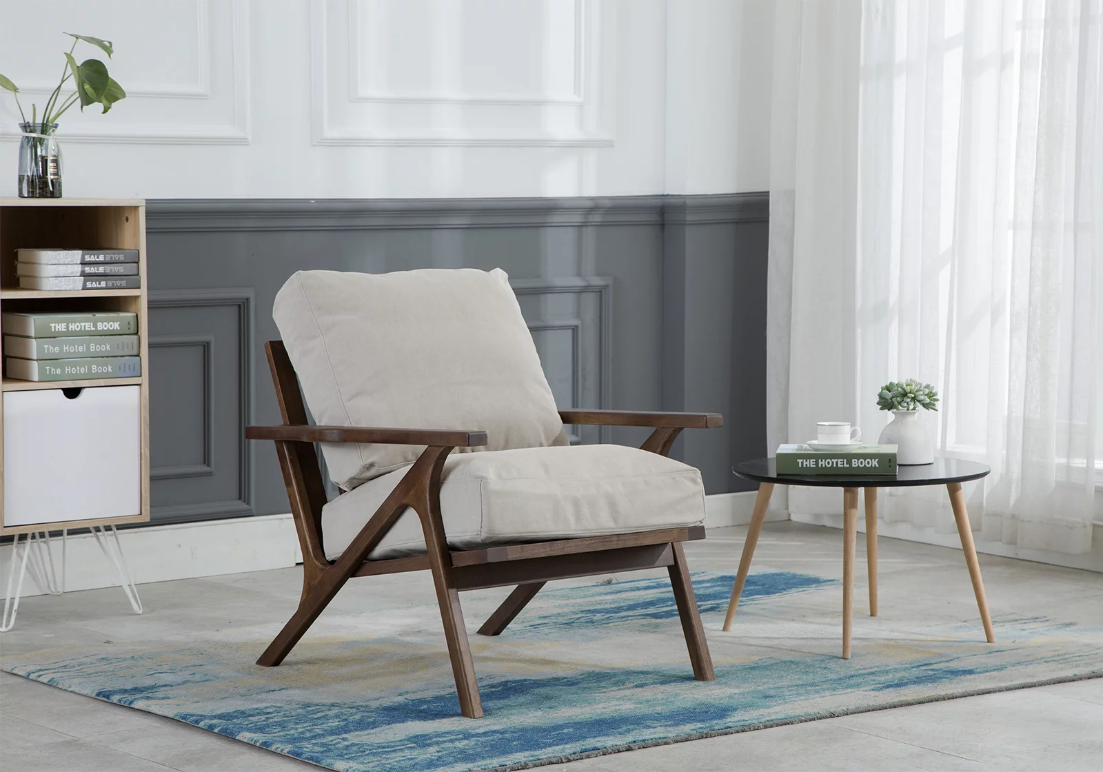 Guyou Modern Accent Chair, Mid Century Upholstered Lounge Arm Chair with Wooden Frame and Removable Denim Cushion Single Sofa Chair for Living Room Bedroom Study, Beige