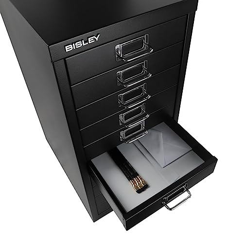 Bisley 10-Drawer Steel MultiDrawer Cabinet - Black, Chrome Pull Handles with Label Holders, Powder-Coated Steel, Removable Drawers, Fits Under Most Desks, Labels Included