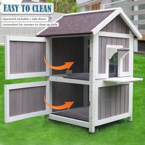 Rockever Outdoor Cat House, Large Outdoor Houses for Feral Cats Wooden Outside Cat Shelter Weatherproof with Escape Door
