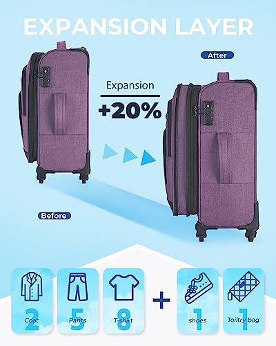 BAGSMART Expandable 20 inch Carry on Luggage Airline Approved, Lightweight Carry on Suitcase with Spinner Wheels, Family Travel Suitcase Set with Duffle Bag-Black